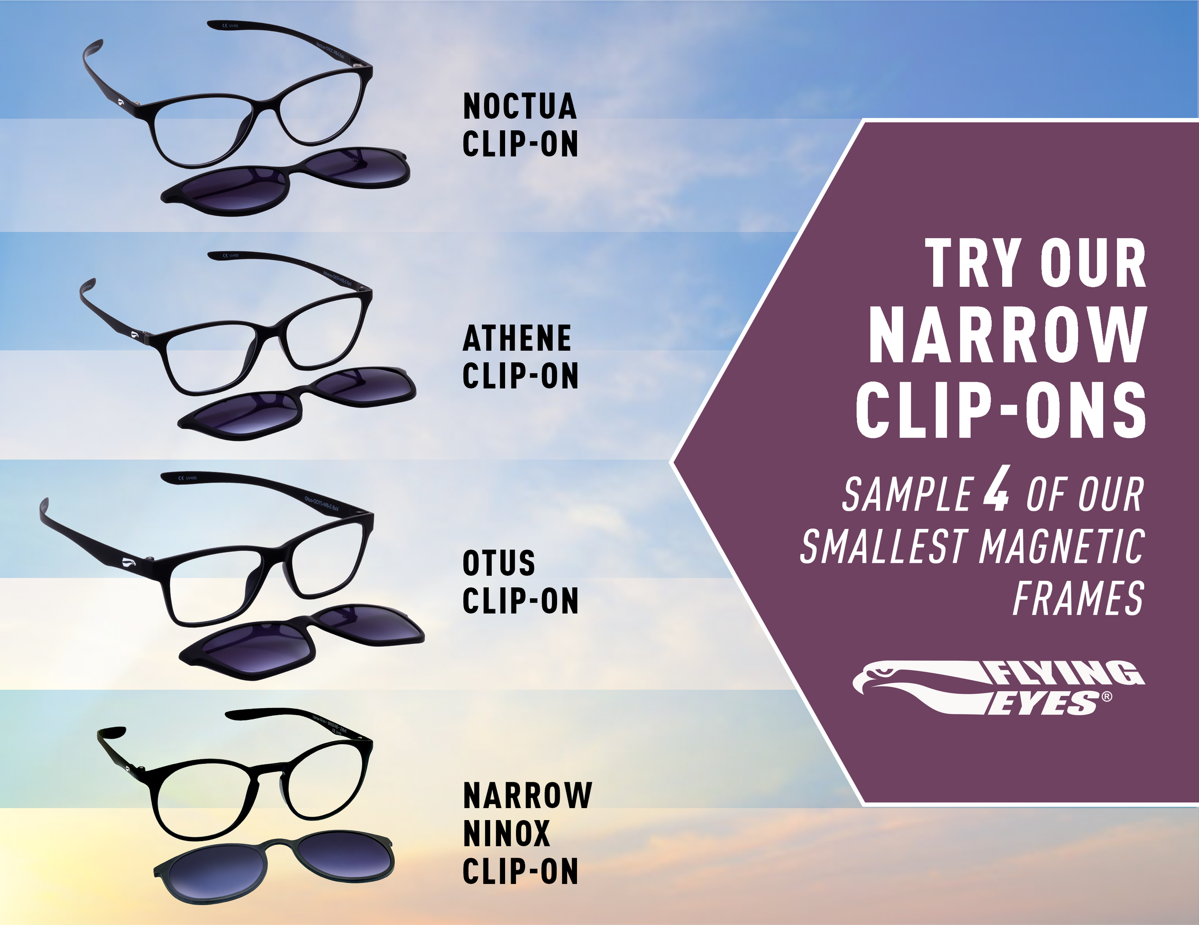 Glasses Try On Kit; Narrow Clip-On Compatible Frames