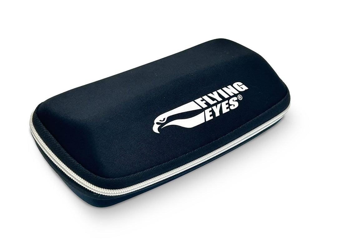 A zippered hard case with the Flying Eyes brand logo on the side.