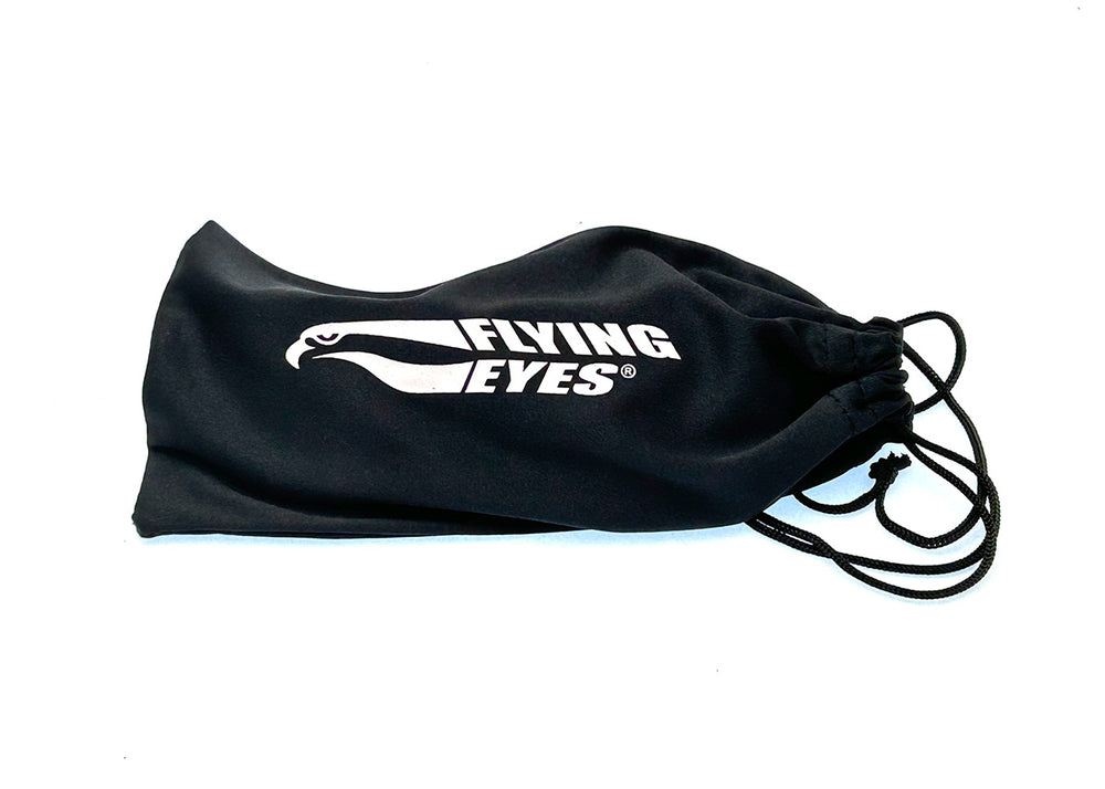 A black drawstring pouch bag with a white 'FLYING EYES' logo printed on the front, shown on a plain white background.