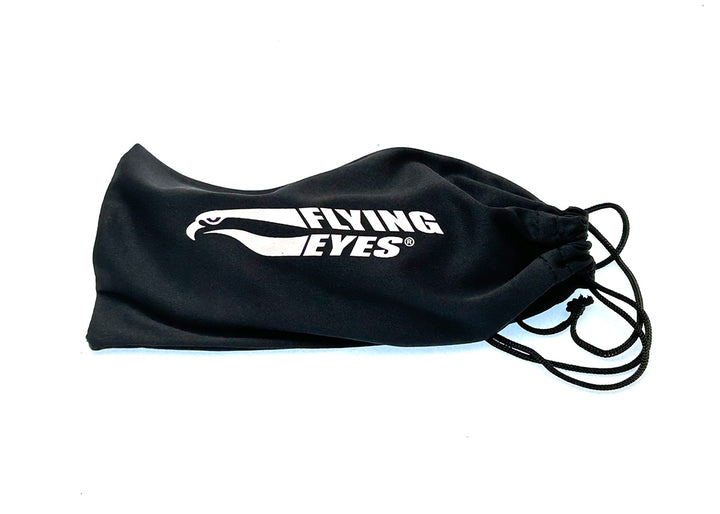A black drawstring pouch bag with a white &