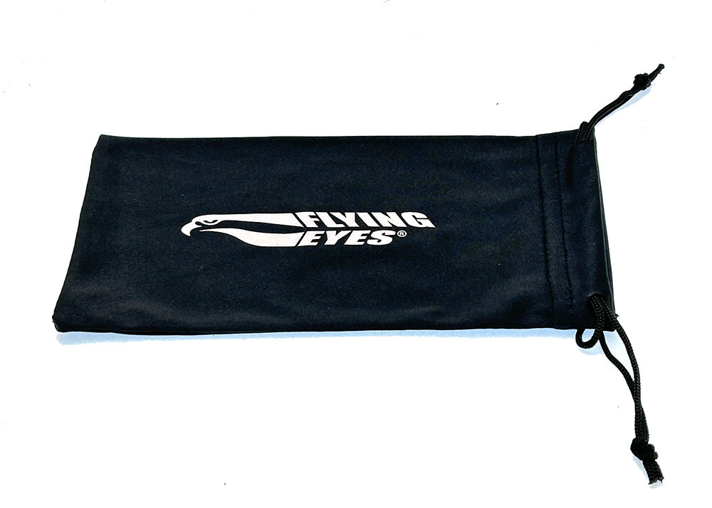 A black drawstring pouch with the white 'FLYING EYES' logo printed on the front, set against a plain white background.