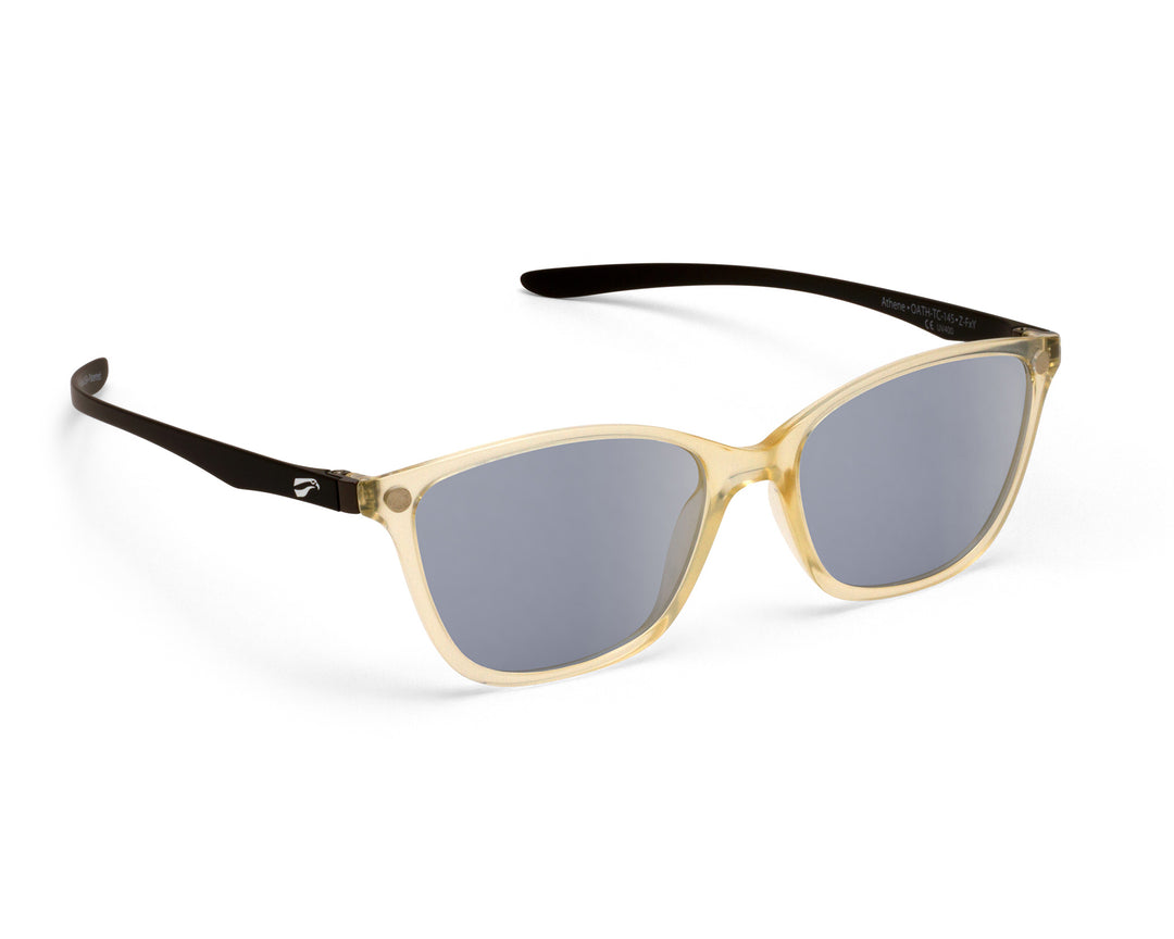 Athene sunglasses with clear frame, matte black temples, and silver mirrored lenses.